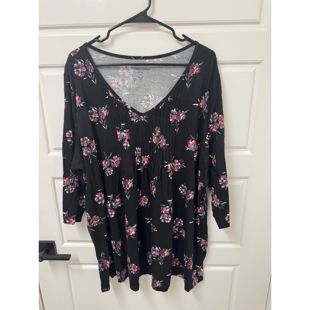 Woman Within Floral V-neck Pintucked Relaxed Tunic Top Black 1X 22/24